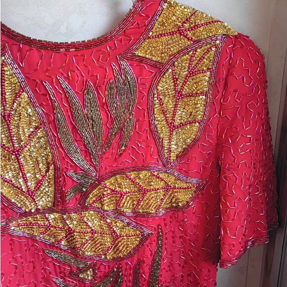 Vntg silk beaded red gold india dress eve’s allure 80s 90s glam holiday xl ml - Picture 11 of 15